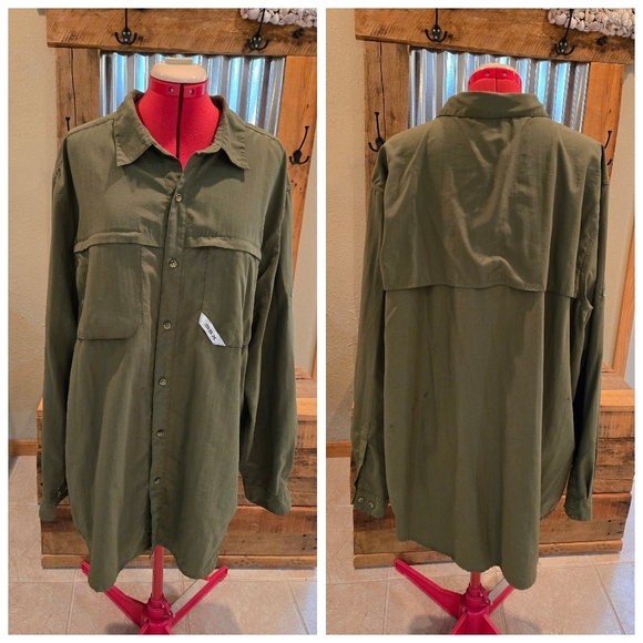 Olive Green Nylon Fishing Shirt XL Adjustible Sleeves GSX - Picture 1 of 6